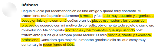 Captura del testimonio de Bárbara sobre su tratamiento, las herramientas recibidas y su experiencia con Rocío.