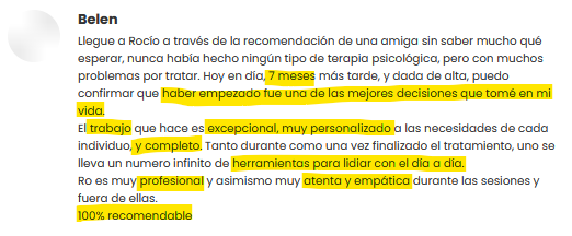 Captura del testimonio de Belén sobre su alta y las herramientas aprendidas en terapia.