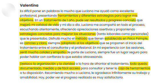 Captura del testimonio completo de Valentina: relata los resultados de su tratamiento con Luciana, la calidez de las sesiones y la organización de las herramientas.